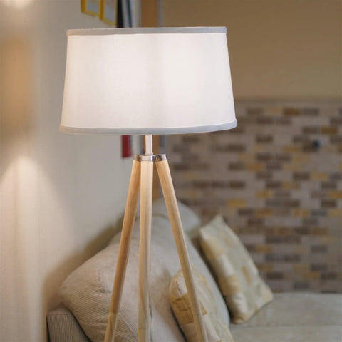 Mid Century Inspired Tripod Floor Lamp With Energy Efficient LED Bulb Natural Wood Legs And White Shade 60.5 Inch Tall Modern Living Room Lighting For A Cozy Vibe And Home Ambience