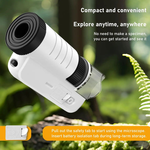 Pocket LED Microscope With 60X To 200X Zoom, Portable Handheld Micro Observation Tool For Kids And Adults, Mini Field Lab Microscope For Science Projects And Outdoor Microbe Exploration, white plastic with black lens