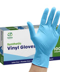 Blue Disposable Vinyl Gloves 100 Count Powder Free And Latex Free Comfy Flexible Fit For Cleaning Food Prep And Household Tasks Non Sterile Durable Synthetic Vinyl against packaging.