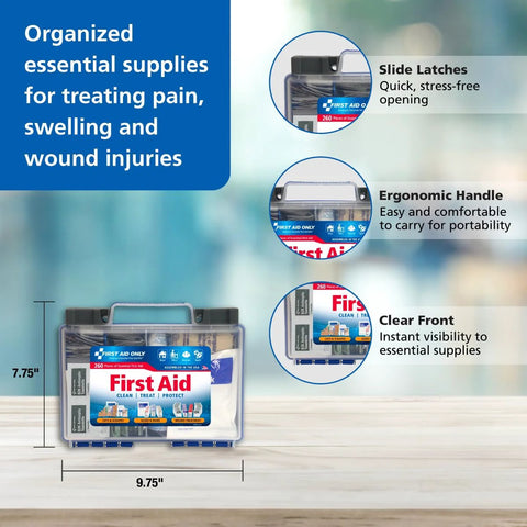 Front view of First Aid Only 91248 OSHA-compliant 260-piece first aid kit in a clear plastic case with handle.
