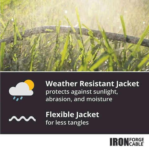 Durable Rock Solid 14 Gauge Extension Cord With Triple Plugs 10 Foot Black SJTW Heavy Duty Power Strip shown in grass with water droplets.