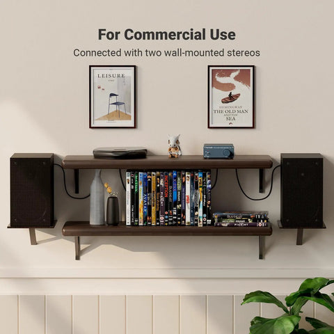 V1.0G 2 Channel Class D Mini Stereo Amplifier for Home Speakers with 50W per Channel displayed on a shelf setup with speakers