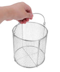 Heavy Duty Stainless Steel Parts Cleaning Basket With Sure Grip Swinging Handle For Ultrasonic Dip And Drain Runs, round design in hand.