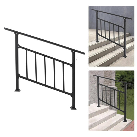 Heavy Duty 4 Step Stair Railing With Integrated Side Fence And Hella Sturdy Steel Outdoor Handrail Featuring Easy Install For Porch Deck Safety In Black view from side