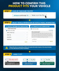 Infographic explaining Amazon's product fit confirmation steps for vehicle compatibility.