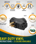 3 Outlet Wall Extender Adapter T Shaped, UL Listed 3 Prong Grounded Power Tap shown in black, with heavy duty vinyl construction, featuring three grounded outlets.
