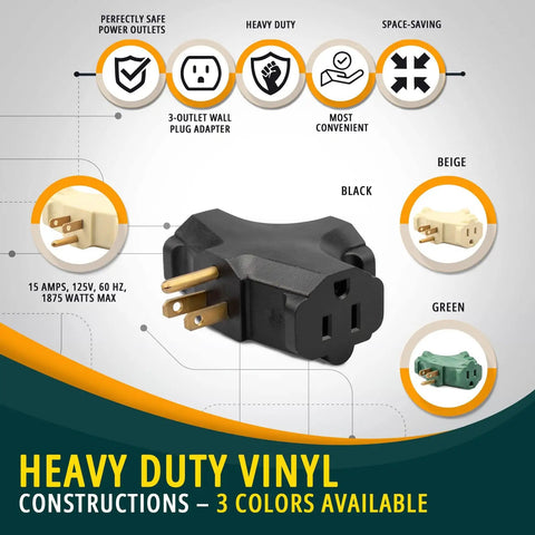 3 Outlet Wall Extender Adapter T Shaped, UL Listed 3 Prong Grounded Power Tap shown in black, with heavy duty vinyl construction, featuring three grounded outlets.