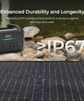 400W Portable Solar Panel Suitcase With Twenty Three Percent Efficient Foldable Charger near a rocky river bank, IP67 rating visible
