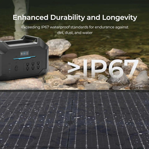 400W Portable Solar Panel Suitcase With Twenty Three Percent Efficient Foldable Charger near a rocky river bank, IP67 rating visible