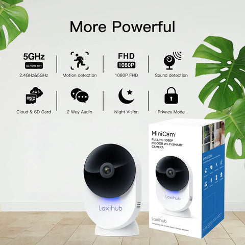All In One 1080P FHD WiFi Security Camera For Indoor Baby Monitor With Dual Band 5GHz Night Vision shown with packaging