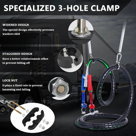 Semi Truck Air Lines Kit 12 Ft 3 In One Workhorse ABS Power Line Air Hoses With Glad Hands and Holder displayed with clamp design features