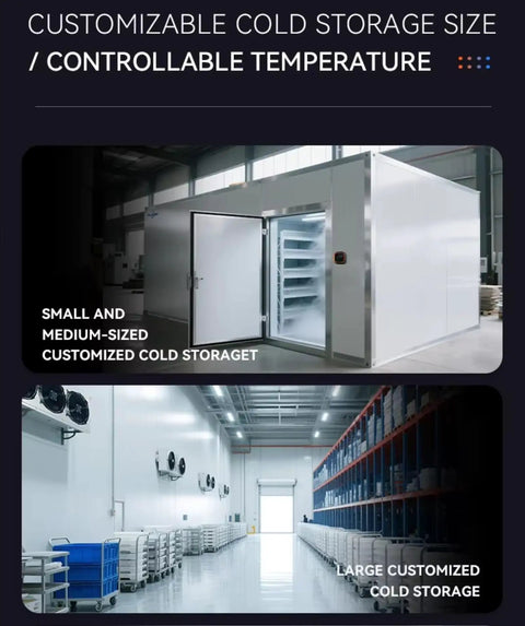 Heavy Duty Portable Blast Freezer Walk In Cold Room High Capacity Rapid Freezing System Mobile Commercial Industrial Food Storage Solution showing a customizable cold storage unit.