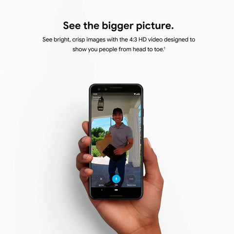Hand holding smartphone showing person on screen via Wired Video Doorbell Cam With Always On Streaming HDR Video Night Vision And Two Way Talk For Your Front Door Real Time Person Alerts Easy Setup Works With Your Smart Home Devices Secure Home Monitoring.