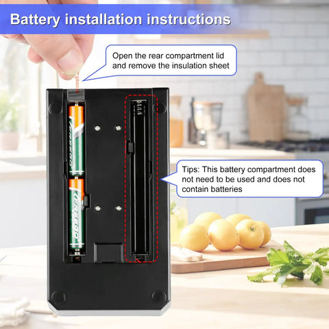 Ultra Precise 50g Digital Scale battery installation instructions with included compartment for precise dosing.