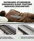 Person sleeping on a Heavy Duty Queen Bunkie Board With No Sweat Tool Free Setup, showing support for enhanced posture.