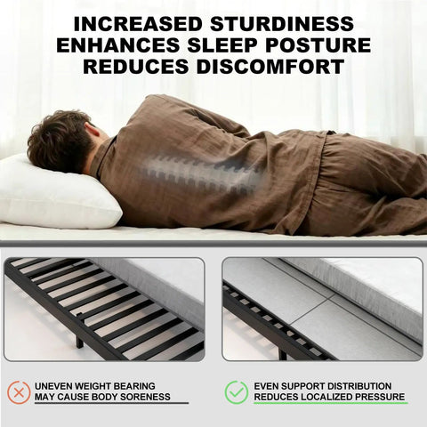 Person sleeping on a Heavy Duty Queen Bunkie Board With No Sweat Tool Free Setup, showing support for enhanced posture.