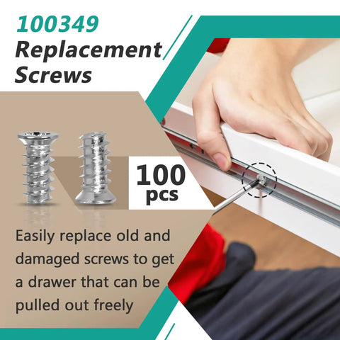 Heavy Duty Drawer Rail Euro Screws One Hundred Pack Cabinet Slide Replacement Fastener Set with silver finish for drawer installation.