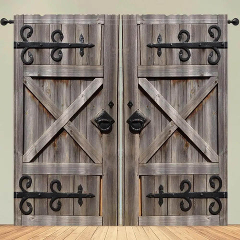 Western Vintage Barn Door Curtain Set 82x84 Inches Brown Wooden Dope Look Polyester Drapes 2 Panels for Bedroom