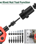 Close-up of 2 In 1 Rivet Nut Tool Kit Pro Hand Riveter with mandrels, nozzles, nuts, and use demonstration on metal panel.