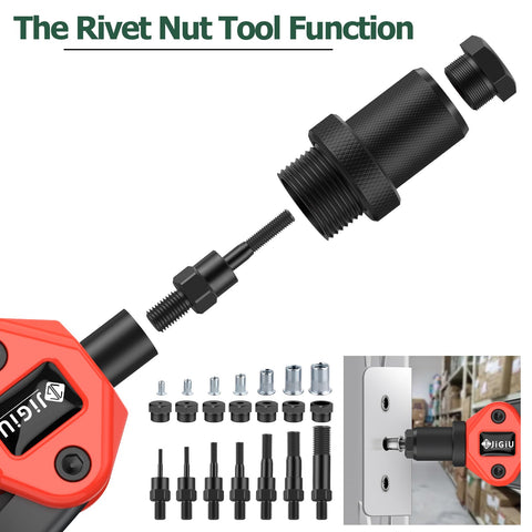Close-up of 2 In 1 Rivet Nut Tool Kit Pro Hand Riveter with mandrels, nozzles, nuts, and use demonstration on metal panel.