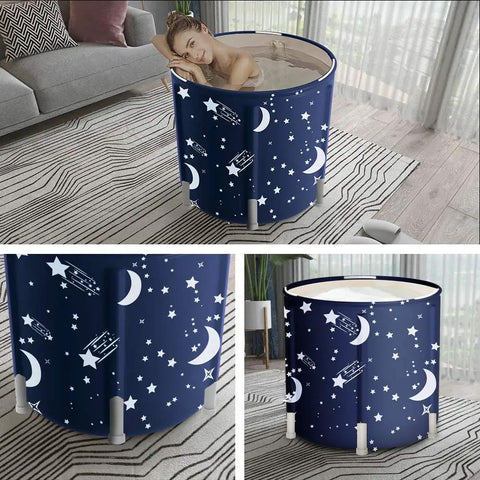 Portable Ice Bath Tub For Recovery And Therapy, foldable with moon and stars pattern, in a living room, freestanding design