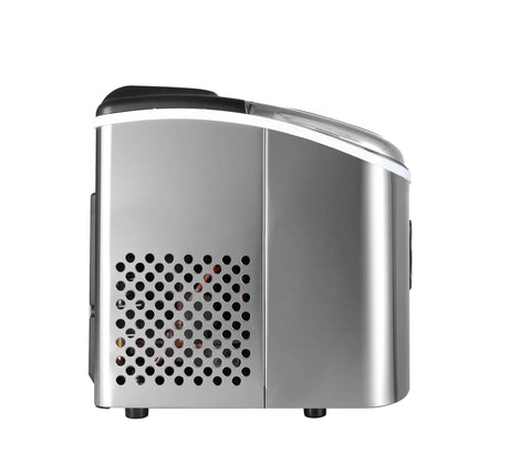 Side view of Countertop Ice Maker Stainless Steel With Large Capacity Ice Bucket Self Cleaning Function Heavy Duty Kitchen Gadget.