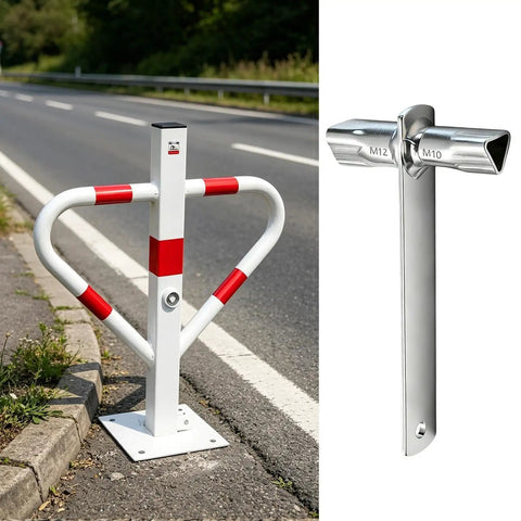 Triangle Socket Key 2 In 1 Compact Portable Tool Spanner next to road barrier post with red and white markings.