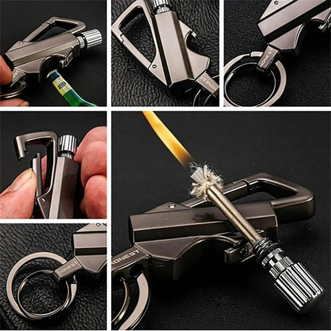 3 In 1 All Metal Keychain Lighter With Multitool Bottle Opener And Windproof Permanent Match Kerosene Style for camping.