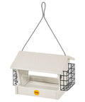 Medium Hopper Bird Feeder With Dual Suet Cages Easy Fill Hinged Roof Weather Resistant Metal Mesh drains rain and holds seed.