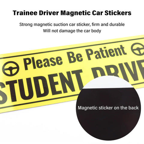 Two Pack Student Driver Magnets for Car Highly Reflective Stickers for Doors Trunk Hood and Bumper Universal Removable Be Patient New Driver Magnet Yellow, yellow magnetic sticker back