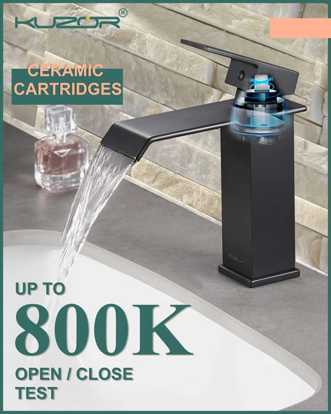 Stylish Matte Black Waterfall Bathroom Faucet in use with flowing water, showcasing durable 304 stainless steel and sleek design.