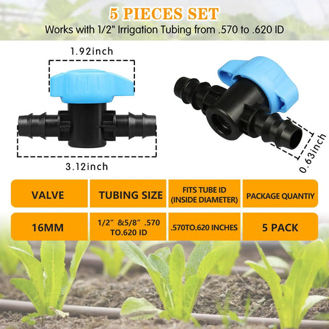 Five Pack Half Inch Drip Irrigation Shut Off Valves Inline Barbed Cut Off Valves For Garden Irrigation System Fits Half Inch Tubing 570 To 620 ID Durable One Piece Construction, close-up