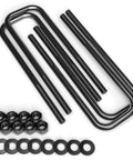 Beefed Up Black Extended Leaf Spring U Bolts 10 Inch By 2.75 Inch Heavy Duty Ideal For Chevy Silverado GMC Sierra HD Leveling Kit Fits 01 07 Silverado 1500 HD 01 10 2500 HD 07 10 3500 HD showcasing four U-bolts with nuts and washers