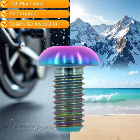Lightweight Titanium Bolts M5x12mm Set For Bikes Hex Key Fasteners with colorful finish near beach and mountains