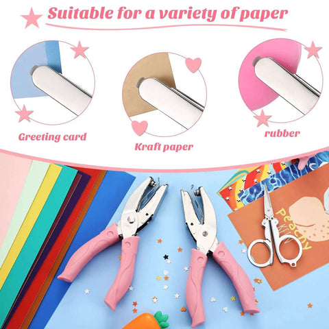 Two Piece Handy Handheld Paper Punch Set With Heart And Star Holes Durable Metal Punches shown on colored paper for crafting