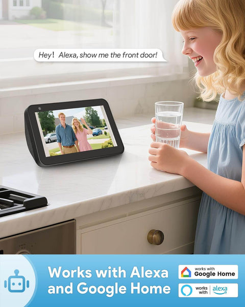 Girl using Alexa device to view footage from Wireless 2K HD Doorbell Camera With Ring Chime, No Wires Needed, Battery Powered.