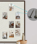100 Count Mini Upholstery Nails Black Round Head Furniture Tacks used for hanging photos on a cork board.