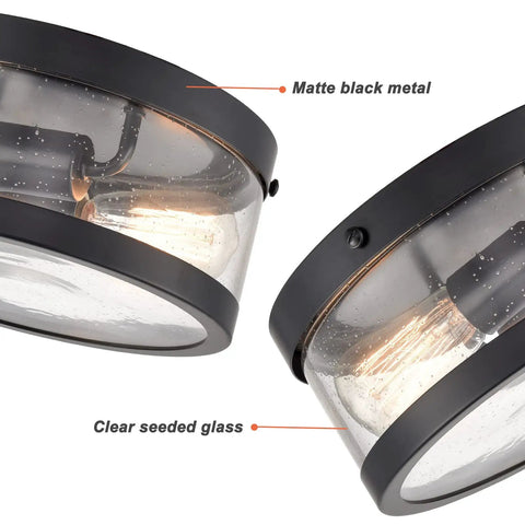 Black Drum Flush Mount Ceiling Light Fixture With Seeded Glass Creates Rustic Farmhouse Vibe For Porch Hallway And Bedroom Perfect For Any Space With Warm Glow And Industrial Charm