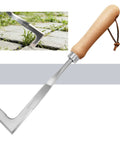 Crevice Weeding Tool With Serrated Tines, Stainless Steel Crack Weeder For Driveways, Sidewalks And Patio Cracks That Effortlessly Removes Weeds And Moss With An L Shaped Blade, wooden handle