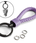 Premium Leather Keychain With Stainless Steel Ring And Extra Key Rings For Cars, Motorcycles, Bicycles, purple braided design