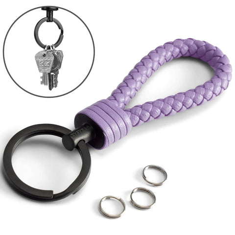 Premium Leather Keychain With Stainless Steel Ring And Extra Key Rings For Cars, Motorcycles, Bicycles, purple braided design