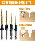 Shop Ready 9 Piece Wood Countersink Drill Bit Set Featuring Titanium Coated Tapered Burrs And Heavy Duty Wood Plug Cutter, 1/4 Inch Hex Shank For Swift Smooth Woodworking. Flat and flush screw drilling bits shown.
