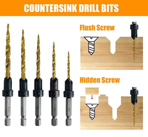 Shop Ready 9 Piece Wood Countersink Drill Bit Set Featuring Titanium Coated Tapered Burrs And Heavy Duty Wood Plug Cutter, 1/4 Inch Hex Shank For Swift Smooth Woodworking. Flat and flush screw drilling bits shown.