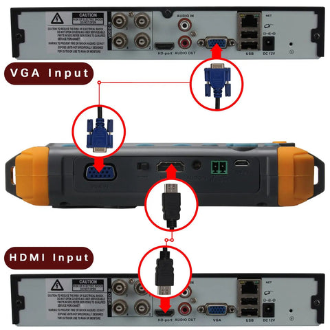 Five Inch CCTV Tester Monitor For Analog Cameras, HDMI And VGA Input, showing VGA and HDMI ports for AHD CVI TVI CVBS testing