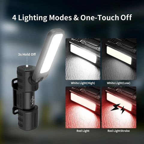 Two Pack 5000 Lumen Rechargeable LED Work Light With Magnetic Base, 180 Degree Rotating Head showing lighting modes
