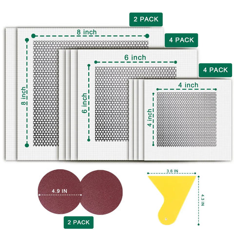 DIY Drywall Patch Kit With Self Adhesive Aluminum Mesh Patches In 4 6 8 Inch Sizes For Holes In Walls And Ceilings Ten Pack Includes Scraper And Sandpaper For Plaster And Drywall Repair
