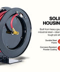3/8 Inch By 50 Foot Air Hose Reel With Heavy Duty Industrial Build And Flex Hybrid Polymer Hose shown in black steel case