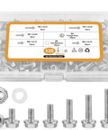 135 Piece M6 Flange Bolt Kit Heavy Duty With Nuts And Flat Washers In 304 Stainless Steel Includes M6 1.0x12, 1.0x16, 1.0x20, 1.0x25, 1.0x30mm Flange Bolts Plus Matching Nuts And Washers For Home Shop And Auto Projects kit in open case.