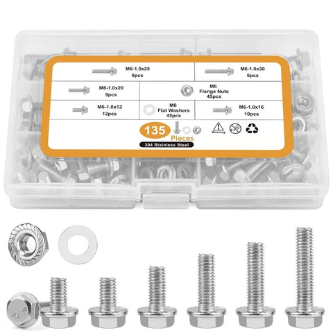 135 Piece M6 Flange Bolt Kit Heavy Duty With Nuts And Flat Washers In 304 Stainless Steel Includes M6 1.0x12, 1.0x16, 1.0x20, 1.0x25, 1.0x30mm Flange Bolts Plus Matching Nuts And Washers For Home Shop And Auto Projects kit in open case.