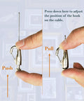 Picture Rail Hanging Kit With Six White Rail Hooks And A 72 Inch Invisible Cord adjustable hook detail with push-pull instructions